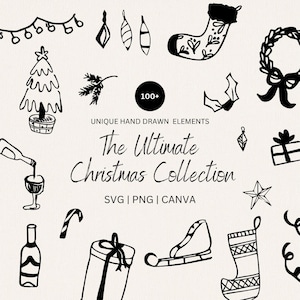 Handgetekende kerstcollectie - 140 kerstclipartbundel, kousen, kransen, lijsten, kerstcadeaus illustraties png SVG & canva