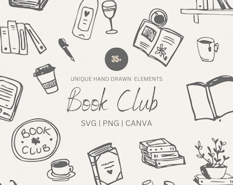 Hand Drawn Book Club Illustrations - 39 Book Icons, Book Club Clipart, Reading Stickers, Bookshelf Bookish Clipart PNG SVG Editable in Canva