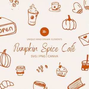 Pacote de ícones de café de especiarias de abóbora desenhados à mão, ilustrações de café em estilo de esboço PNG, SVG e clipart editáveis no Canva, Pumpkin Spice Coffee Shop