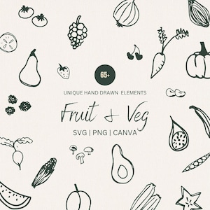 69 handgetekende groenten- en fruitillustraties, handgetekende voedselpictogrammen, schetsmatige illustraties, png-, png- en SVG-afbeelding, bewerken in canvas. Illustraties restaurantmenu