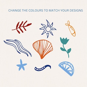 May include: A set of nine hand-drawn illustrations featuring various summer-themed elements, including a sun, a seashell, a starfish, a lemon slice, a fish, seaweed, a leaf, and a flower. The illustrations are in a variety of colors, including blue, orange, red, and green.