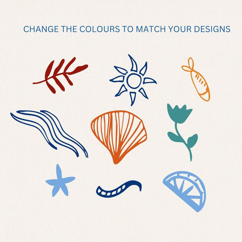 May include: A set of nine hand-drawn illustrations featuring various summer-themed elements, including a sun, a seashell, a starfish, a lemon slice, a fish, seaweed, a leaf, and a flower. The illustrations are in a variety of colors, including blue, orange, red, and green.