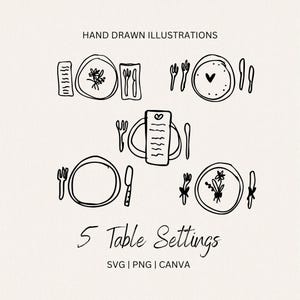 Puede incluir: Cinco ilustraciones dibujadas a mano de cubiertos de mesa, cada uno con un plato, cubiertos y una servilleta. Las ilustraciones son en blanco y negro y tienen un estilo simple y minimalista. El texto "5 Table Settings" está escrito debajo de las ilustraciones.