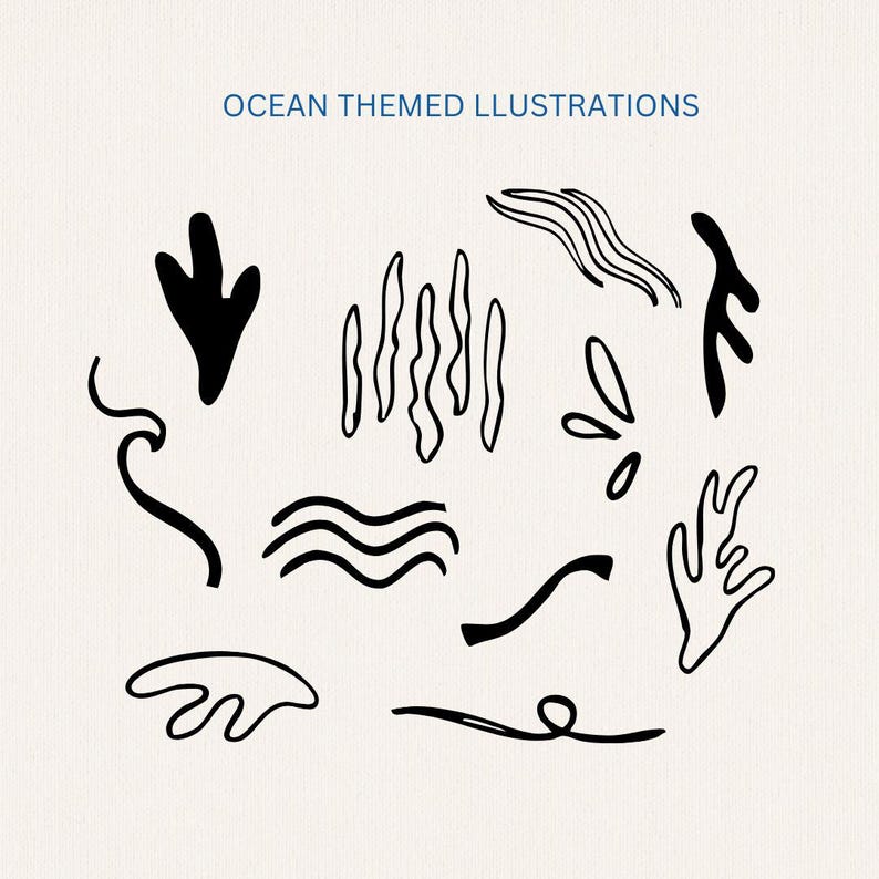 May include: A set of black and white illustrations of ocean-themed elements, including seaweed, waves, and coral. The illustrations are drawn in a simple, minimalist style.