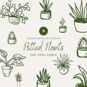 Plantas en macetas dibujadas a mano, ilustraciones de plantas en macetas, suculentas y plantas frondosas, imágenes prediseñadas PNG y SVG, editables en Canva para invitaciones