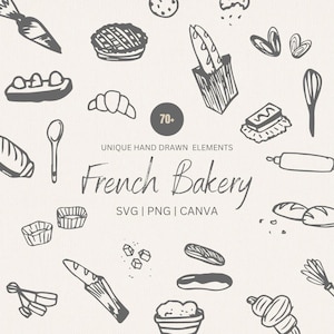 Französische Bäckerei Skizzen Illustrationen - 70+ handgezeichnete Ikonen von Brot, Gebäck, Croissants, Kuchen, Backwerkzeuge, bearbeitbare PNG SVG Clipart
