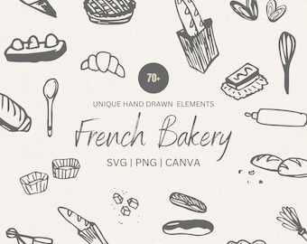 French Bakery Sketchy Illustrations - 70+ Hand-Drawn Icons of Bread, Pastries, Croissants, Cakes, Baking Tools, Editable PNG SVG Clipart