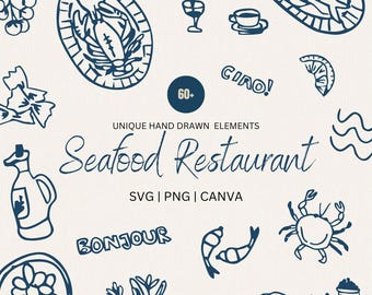 Hand Drawn Seafood Restaurant Icon Bundle, Sketch Style Menu Illustrations PNG SVG and Clipart Editable in Canva Fish and SeaFood Drink Menu