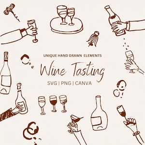Colección de iconos de cata de vinos dibujados a mano, boceto de vino, manos de vino, clipart PNG, SVG editable en Canva, iconos de barra de vinos, dibujos de copas de vino