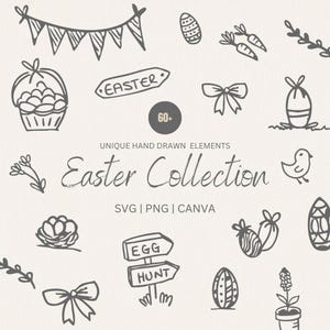 May include: A set of 60+ hand-drawn Easter illustrations in black and white. The illustrations include bunnies, eggs, baskets, flowers, and other Easter-themed elements. The text "Easter Collection" is written in a handwritten font.