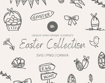 Påskillustrationspaket – 61 handritade vår- och påskclipart. Matillustrationer, äggjaktsteckningar. Redigerbar i Canva PNG SVG.