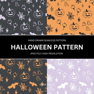 May include: A seamless pattern featuring Halloween themed illustrations in black, orange, and white. The pattern includes pumpkins, ghosts, bats, and spiderwebs.