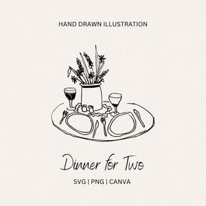 Op de afbeelding: Een handgetekend zwart-witte illustratie van een gedekte tafel voor twee personen. De tafel is gedekt met twee borden, twee vorken, twee glazen en een vaas met bloemen. De tekst "Dinner for Two" staat onder de afbeelding.