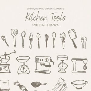 Op de afbeelding: Een set van 30 handgetekende keukenhulpmiddelen, waaronder een garde, een spatel, een lepel, een deegroller, een koffiezetapparaat en meer. De hulpmiddelen zijn getekend in zwart en wit op een beige achtergrond. De tekst "Kitchen Tools" is geschreven in een handschrift in het bovenste deel van de afbeelding.
