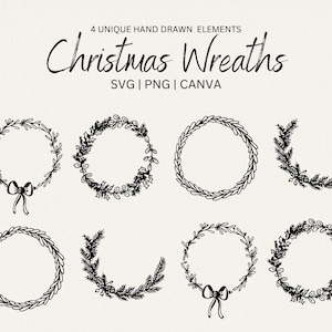 Handgetekende kerstkransen - 4 boho-kransen - kerstkaarten, doe-het-zelfcadeaukaartjes. Grillige kerstillustraties. PNG-svg bewerkbaar in canvas