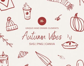 Hand Drawn Autumn Icon Bundle, Sketch Style Menu Illustrations PNG, SVG and Clipart Editable in Canva, Autumnal Journaling Icons