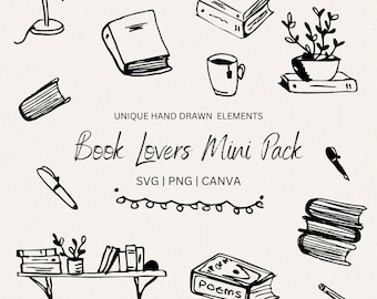 Hand Drawn Book Lovers Illustrations - 15 Book Icons, Book Clipart, Reading Stickers, Bookshelf, Bookish Clipart PNG SVG, Editable in Canva