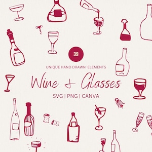 Handgetekende wijnfles en wijnglazen icoon collectie, schets wijn clipart png, SVG bewerkbaar in canvas, wijnbar iconen, wijnglastekeningen