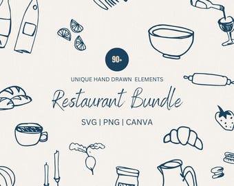 Hand Drawn Restaurant Icon Bundle, Sketch Style Menu Illustrations PNG, SVG and Clipart Editable in Canva, Food and Drink Icons Wedding menu