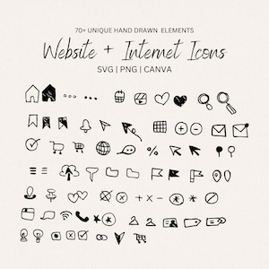 May include: Hand-drawn black and white website and internet icons. The image includes icons of houses, hearts, shopping carts, envelopes, and more. Text on the image reads "70+ UNIQUE HAND DRAWN ELEMENTS" and "Website + Internet Icons."