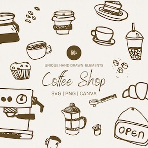 Ilustrações de cafeterias, ícones de café desenhados à mão, ilustrações de logotipo de cafeterias, desenhos de café artesanal PNG, clipart SVG e canva