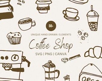 Coffee Shop Illustrations, Hand-Drawn Coffee Icons,  Coffee shop logo illustrations, artisan coffee drawings PNG, SVG Clipart and canva