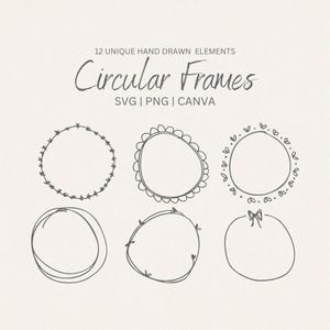 May include: Twelve unique hand-drawn circular frames in black and white. The frames are designed for use in digital projects, such as invitations, cards, and social media graphics.