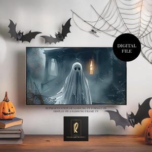 May include: Digital file of a spooky Halloween illustration featuring a white ghost in a dark, abandoned house. The image is displayed on a Samsung Frame TV with a black spider web and bats hanging on the wall. The text "DIGITAL FILE" is visible in the upper right corner of the image.