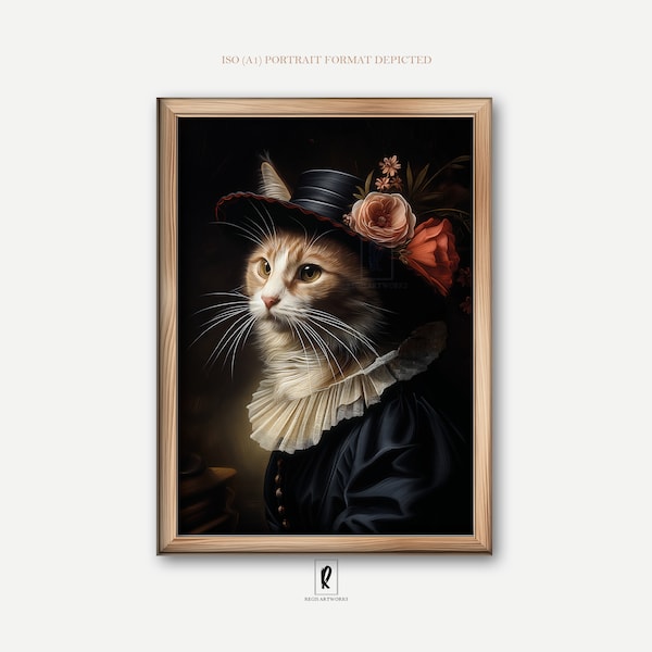 Portrait de chat baroque | Oeuvre d'art téléchargeable | Ruff opulente | Clair-obscur numérique | Décoration d'intérieur à faire soi-même | *33D*
