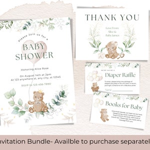 May include: A baby shower invitation bundle with a light pink heart balloon, a teddy bear holding a balloon, and green leaves. The invitation includes a thank you card, a diaper raffle card, and a books for baby card. The text on the invitation reads "Please join us for a baby shower honoring Alice Rose on August 14th at 2pm at 123 anywhere st, any city, st 12345 RSVP to 123-456-7890". The text on the thank you card reads "Thank you Love from Alice & Baby James". The text on the diaper raffle card reads "Diaper Raffle To enter, please bring one package of diapers (any size) in lieu of a card. In return, you'll get a chance to win a fabulous prize! Name:". The text on the books for baby card reads "Books for Baby One small request, we hope you won't mind. Please bring a new book, (no need for a card, they'll cherish the book, well loved or brand new). Please sign the inside with a message from you."