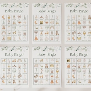 May include: Six printable baby bingo cards with a green and white floral border. Each card has a 5x5 grid with images of baby items such as a rocking horse, teddy bear, rattle, and more. The cards are labeled "Baby Bingo".