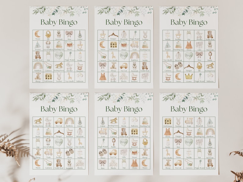 May include: Six printable baby bingo cards with a green and white floral border. Each card has a 5x5 grid with images of baby items such as a rocking horse, teddy bear, rattle, and more. The cards are labeled "Baby Bingo".