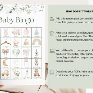 May include: A printable baby bingo card with illustrations of baby items like a doll house, teether, train, sleepsuit, teepee, dress, hanger, bassinet, stacking toy, rainbow, bottle, bow, gifts, guitar, toy giraffe, moon, mobile, hat, snowsuit, toy car, camera, magic wand, and teddy bear. The card has the words "Baby Bingo" at the top and instructions on how to play the game.