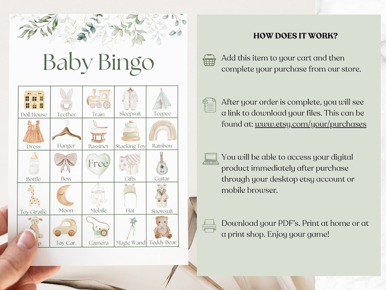 May include: A printable baby bingo card with illustrations of baby items like a doll house, teether, train, sleepsuit, teepee, dress, hanger, bassinet, stacking toy, rainbow, bottle, bow, gifts, guitar, toy giraffe, moon, mobile, hat, snowsuit, toy car, camera, magic wand, and teddy bear. The card has the words "Baby Bingo" at the top and instructions on how to play the game.
