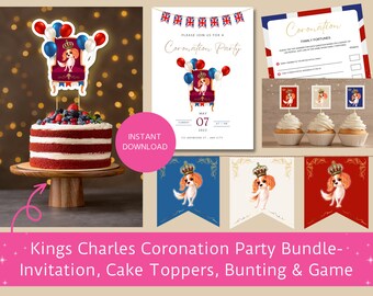 King Charles Coronation Party Bundle, Coronation printable games, Coronation decorations, Royal cake topper, Kings Coronation Invitation,