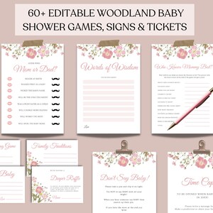 Floral Baby Shower Games, Signs and Tickets, baby prediction game, wildflower, gender neutral, blush dusky pink baby trivia, bingo bundle