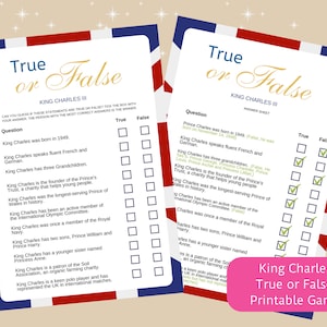 Kings Coronation True or False Game, Coronation Royal Themed, Coronation games, royal game, printable, instant download, King Charles game