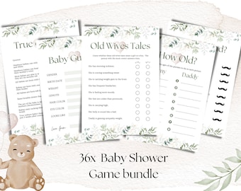 36 Neutral Greenery Baby Shower Games, a printable modern bundle, sage green, eucalyptus, foliage, bingo, predications, family feud, emoji