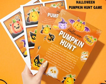 May include: Printable Halloween Pumpkin Hunt game with orange and black color scheme. The game includes 10 adorable pumpkins to find, a game board, and instructions. Get ready for a spooky adventure!