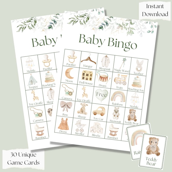 Neutral Baby Shower Bingo, Baby Sprinkle Game, baby shower games, boho modern, greenery minimalist, printable baby bingo, picture bingo game