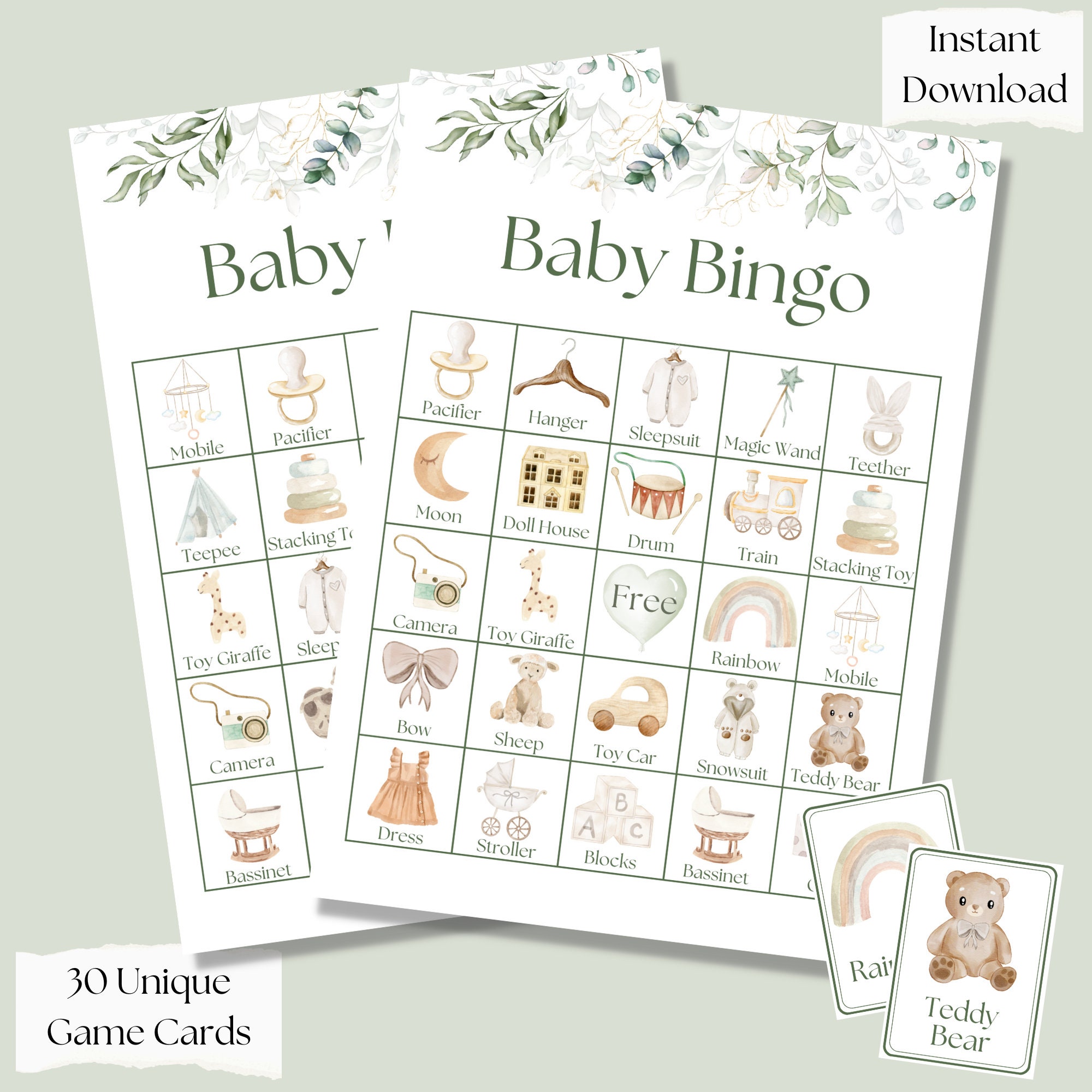 Neutral Baby Shower Bingo, Baby Sprinkle Game, baby shower games, boho modern, greenery minimalist, printable baby bingo, picture bingo game