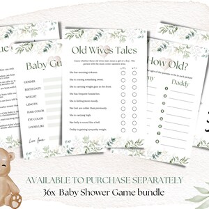 May include: A set of printable baby shower games with a green and white floral design. The games include "True or False", "Old Wives Tales", "How Old?" and "Guess the Baby Food".