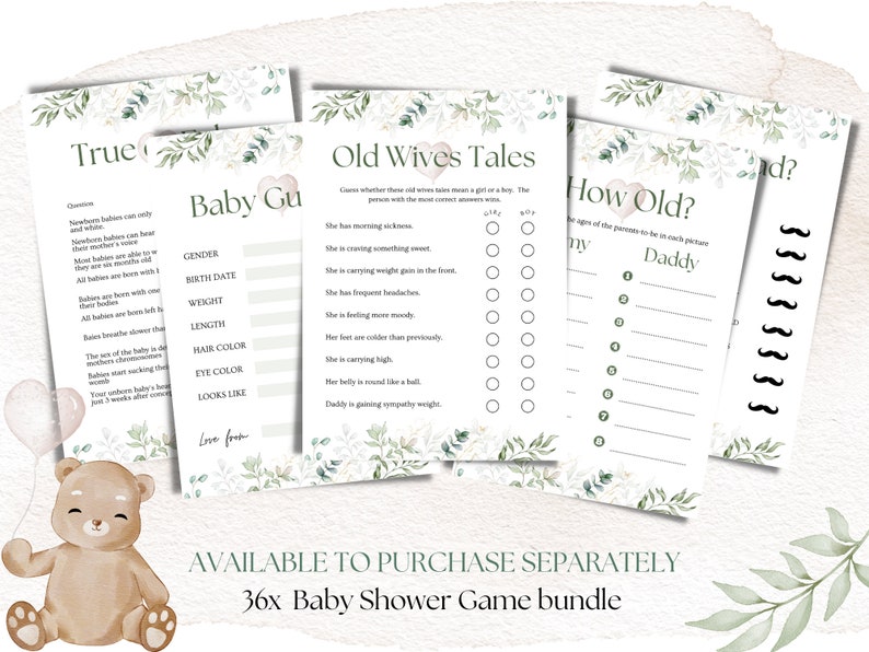 May include: A set of printable baby shower games with a green and white floral design. The games include "True or False", "Old Wives Tales", "How Old?" and "Guess the Baby Food".