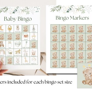 May include: A printable baby bingo card with a green background and illustrations of baby items such as a moon, a rattle, a teddy bear, a camera, a rocking horse, a stroller, a pacifier, a giraffe, and balloons. The card also includes the text "Baby Bingo".