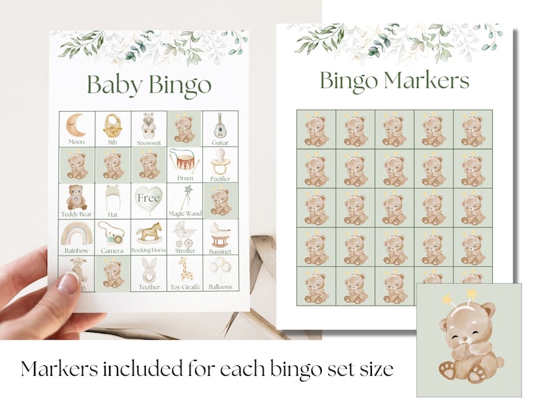 May include: A printable baby bingo card with a green background and illustrations of baby items such as a moon, a rattle, a teddy bear, a camera, a rocking horse, a stroller, a pacifier, a giraffe, and balloons. The card also includes the text "Baby Bingo".