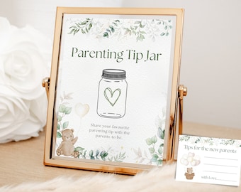 Parenting Tip Jar Sign and Advice Cards for a Baby shower, Advice for new mom, baby shower game and sign, neutral, teddy bear and eucalyptus