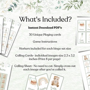 May include: A printable baby bingo game with 30 unique playing cards, game instructions, and calling cards. The cards feature illustrations of baby items like a drum, pacifier, teddy bear, magic wand, bottle, rainbow, and more. The game includes a calling sheet and bingo markers.
