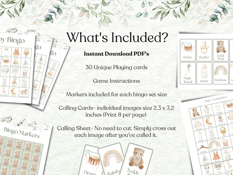 May include: A printable baby bingo game with 30 unique playing cards, game instructions, and calling cards. The cards feature illustrations of baby items like a drum, pacifier, teddy bear, magic wand, bottle, rainbow, and more. The game includes a calling sheet and bingo markers.