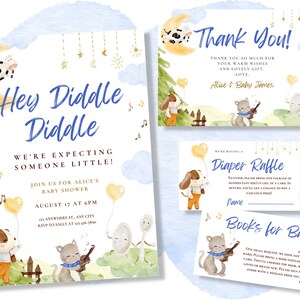 Plantilla de invitación para baby shower con rima infantil, rifa de pañales, libros para bebé y tarjeta de agradecimiento, tema de libro de cuentos para niño, luna y estrellas