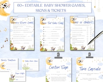 Nursery Rhyme Baby Shower Games, Signs and Tickets, baby prediction game, storybook, gender neutral, baby boy blue baby trivia, bingo bundle